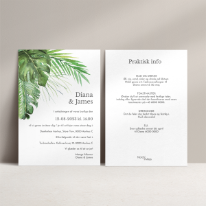 Bryllupsinvitation Tropical Breeze - Tropisk bryllupsinvitation på mat hvidt papir - Tropisk bryllupsinvitation forside og bagside
