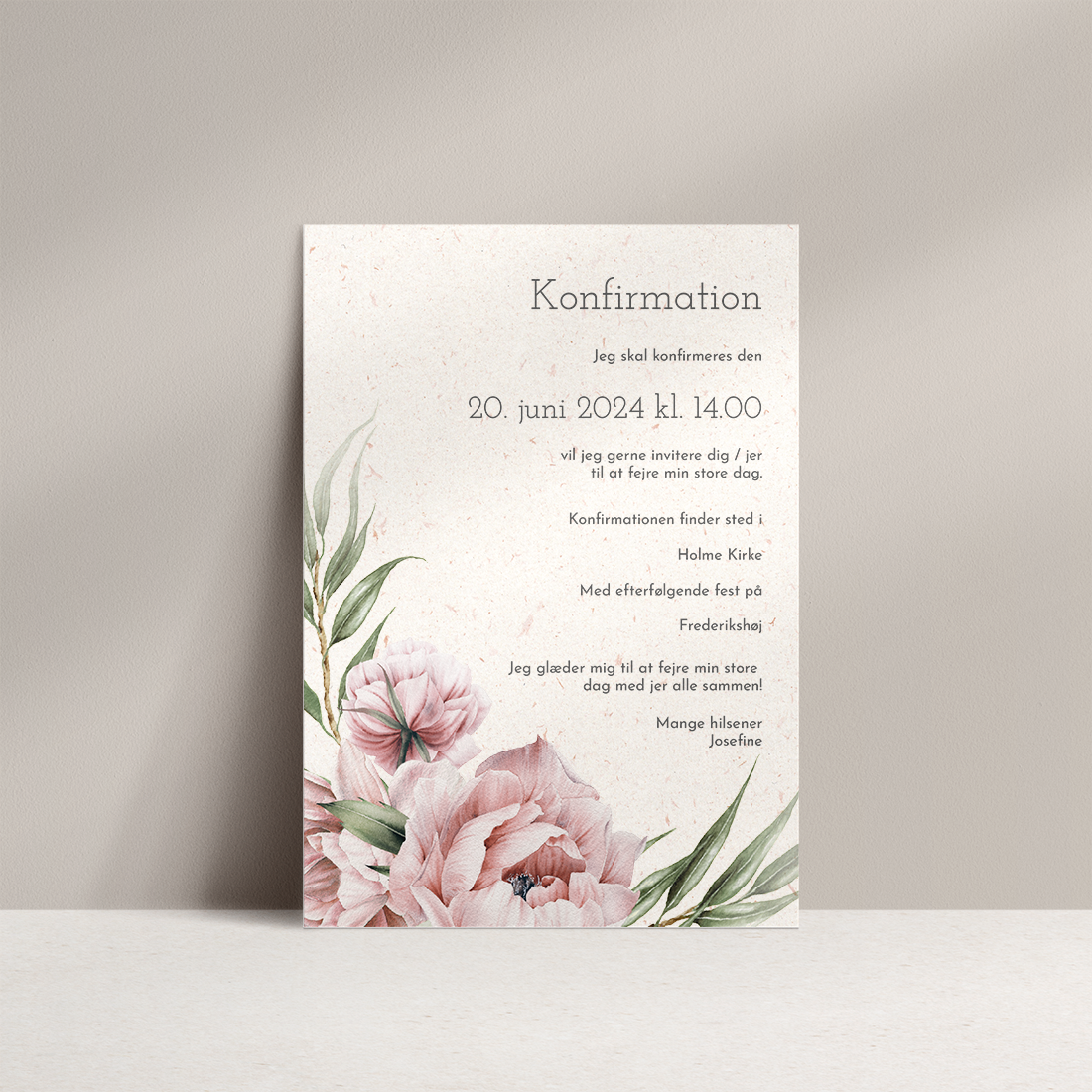 Konfirmationsinvitation Peony and Willow på genbrugspapir Konfirmationsinvitation med pæoner og pilegrene på genbrugspapir