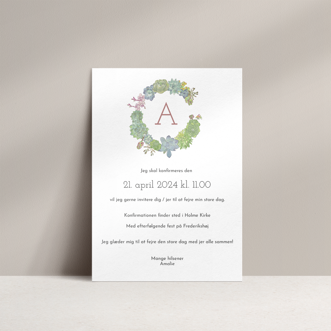 Konfirmationsinvitation Succulents Konfirmationsinvitation med pastelfarvede sukkulenter