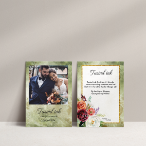 Takkekort Fleur Forest med boheme blomster på grøn baggrund med billede af brudeparret