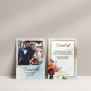 Takkekort Fleur Ocean med boheme blomster på blå baggrund og billede af brudeparret