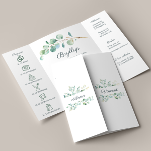 Bryllupsinvitation Eucalyptus Portefals / Gatefold inkl. hvid C5 kuvert med illustration af eukalyptusblade