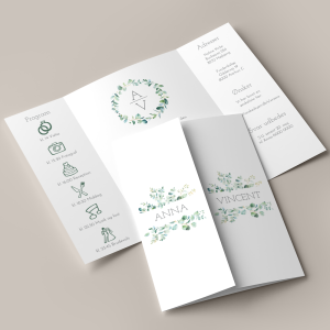Bryllupsinvitation Eucalyptus Wreath Portefals / Gatefold inkl. hvid C5 kuvert med illustration af eukalyptusblade