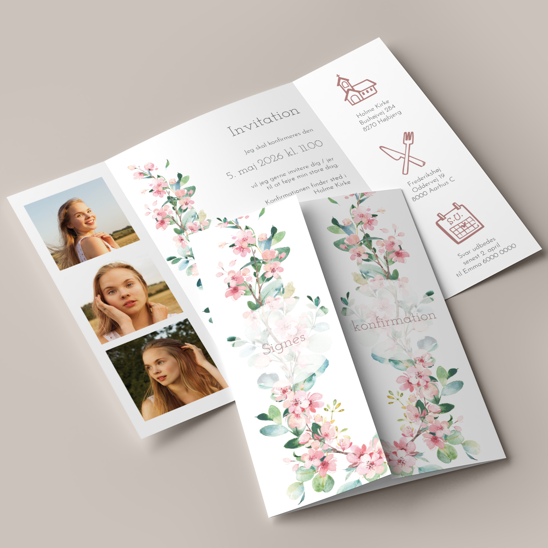 Konfirmationsinvitation Cherry Blossom Portfals Konfirmationsinvitation Cherry Blossom Portefals / Gatefold inkl. hvid C5 kuvert med illustration af kirsebærblomster og eucalyptus