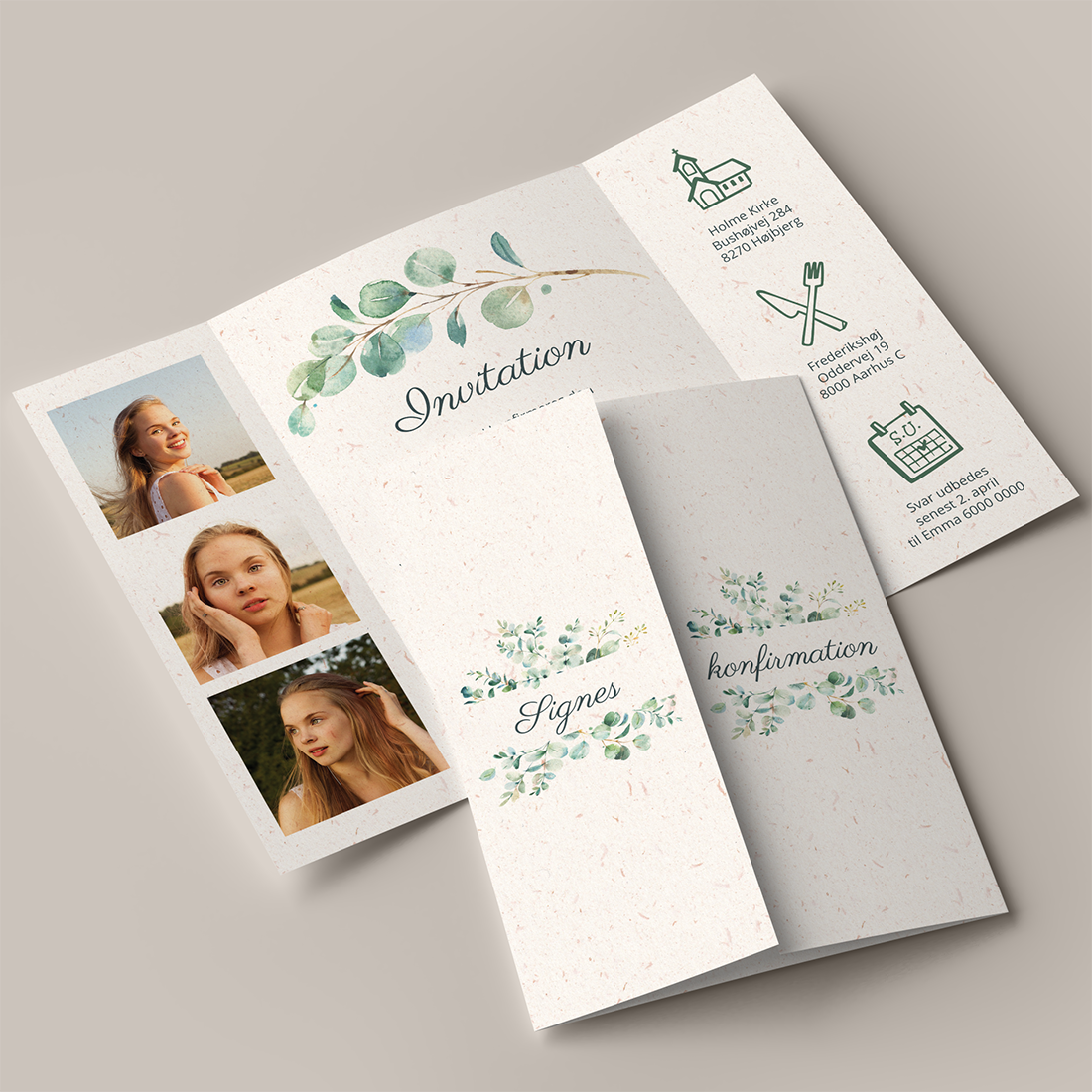 Konfirmationsinvitation Eucalyptus Portfals Genbrugspapir Konfirmationsinvitation Eucalyptus Portfals / Gatefold invitationer på genbrugspapir med støvede blågrønne eukalyptus
