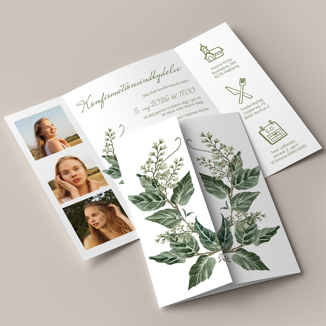Konfirmationsinvitation Forest Walk Portfals Konfirmationsinvitation Forest Walk Portefals / Gatefold inkl. hvid C5 kuvert med illustration af grønne grene med hvide blomster