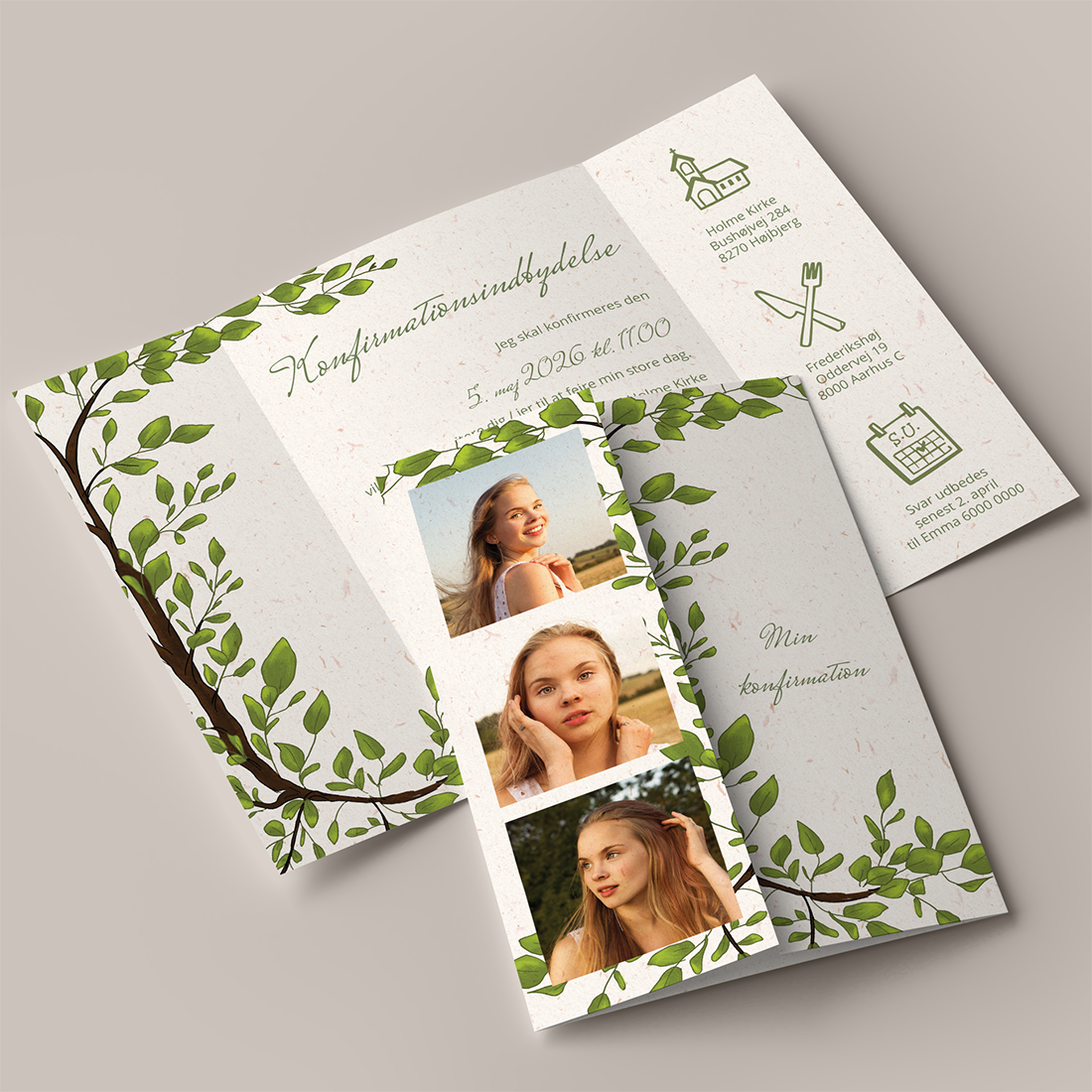 Konfirmationsinvitation Garden Party Portfals Genbrugspapir Konfirmationsinvitation Garden Party Portefals / Gatefold på genbrugspapir inkl. hvid C5 kuvert med illustration af grønne bøgeblade