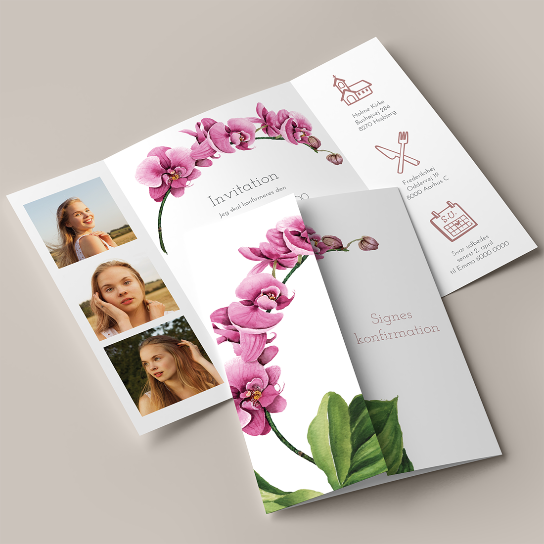 Konfirmationsinvitation Orchid Portfals Konfirmationsinvitation Orchid Portfals inkl. hvid C5 kuvert med illustration af pink orkide