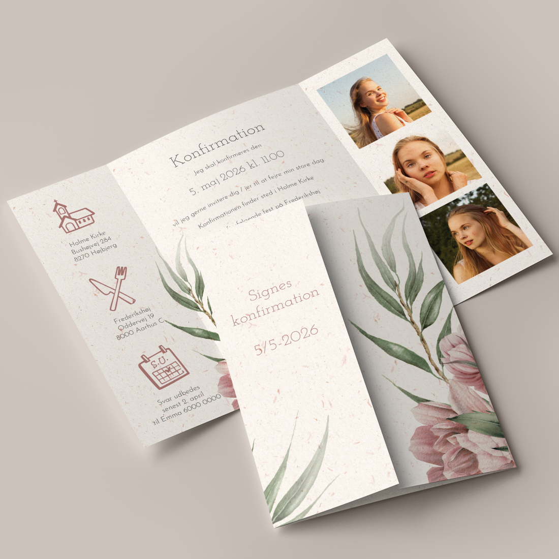 Konfirmationsinvitation Peony and Willow Portfals Genbrugspapir Konfirmationsinvitation Portefals / Gatefold på genbrugspapir inkl. hvid C5 kuvert med illustration af lyserøde pæoner og pilegrene