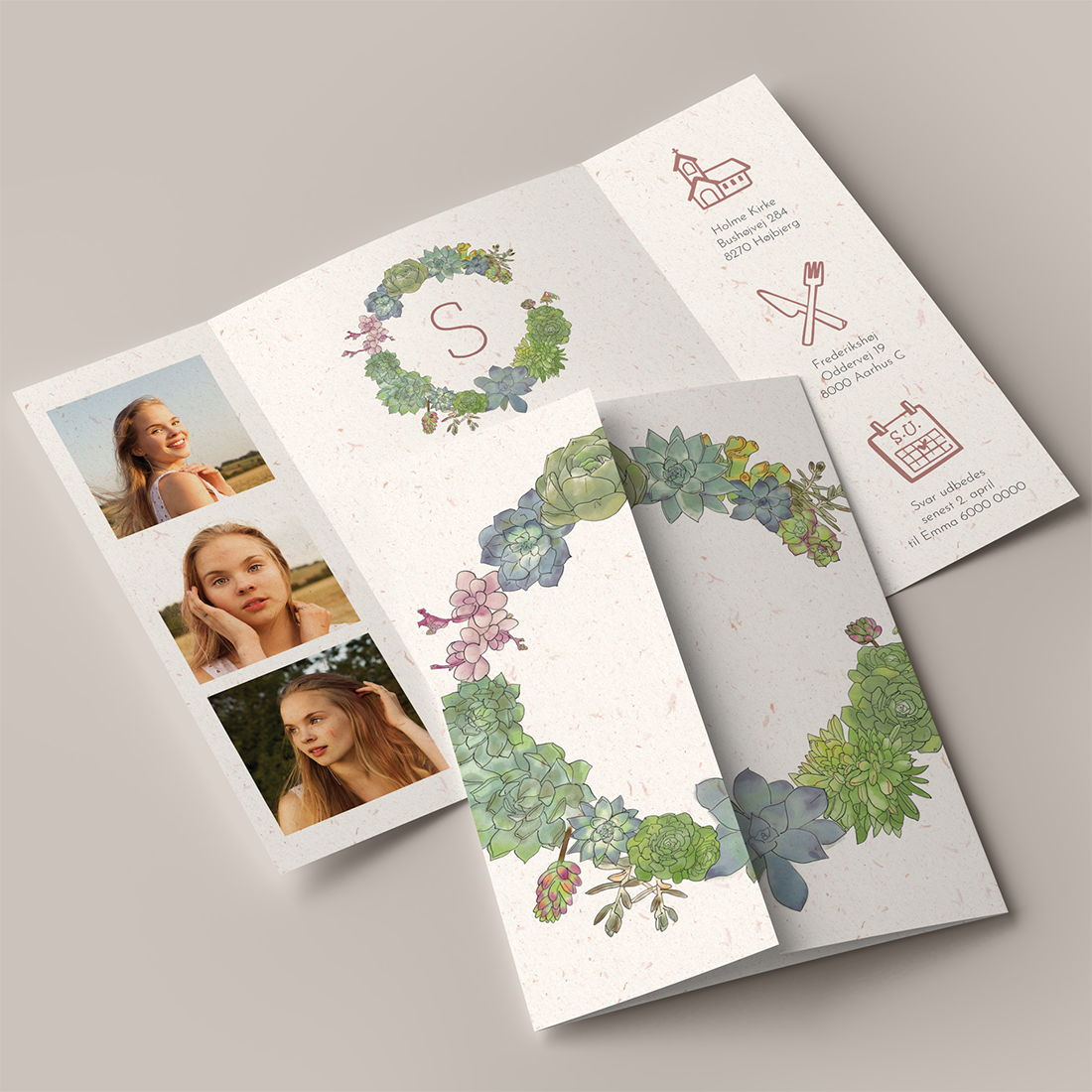 Konfirmationsinvitation Succulents Portfals Genbrugspapir Konfirmationsinvitation Succulents Portfals / Gatefold på genbrugspapir med pastelfarvede sukkulenter