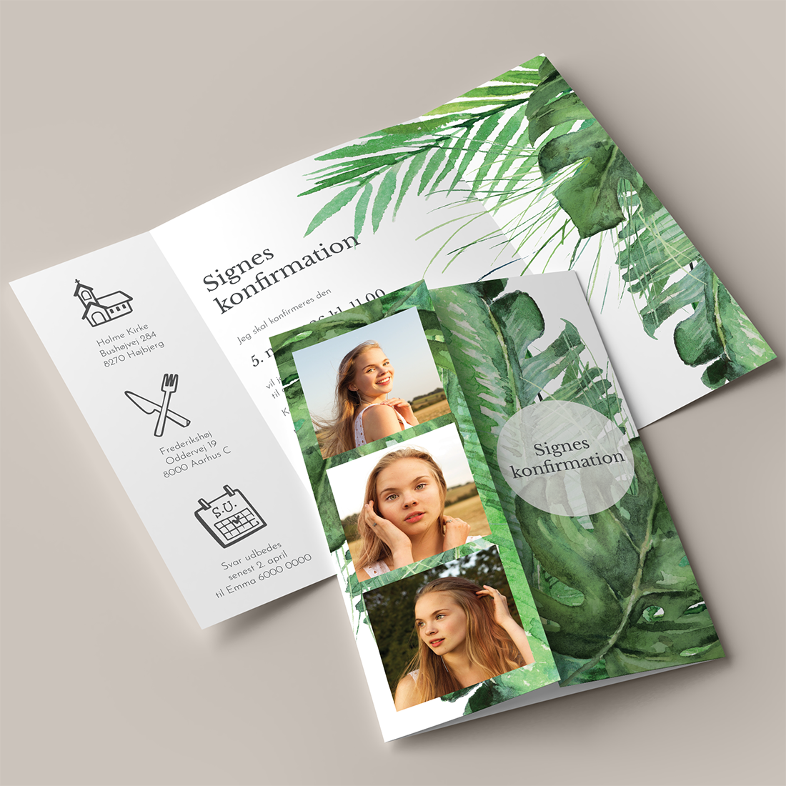 Konfirmationsinvitation Tropical Breeze Portfals Konfirmationsinvitation Tropical Breeze Portfals / Gatefold med tropiske blade og palmer
