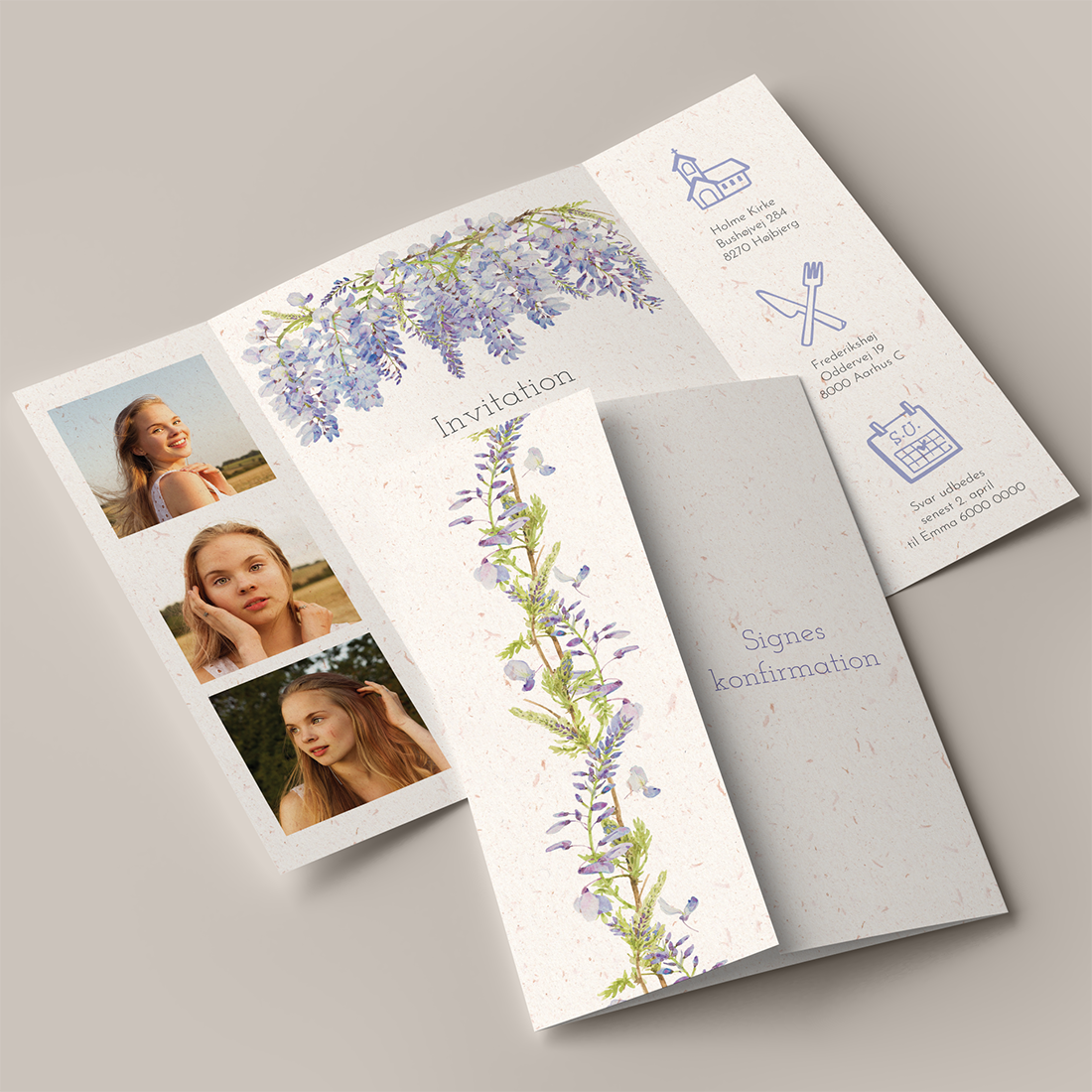 Konfirmationsinvitation Wisteria Portfals Genbrugspapir Konfirmationsinvitation Wisteria Portfals / Gatefold på genbrugspapir med pastellilla blåregn blomster