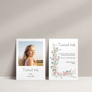 Takkekort Cherry Blossom til konfirmation med kirsebærblomster og eucalyptus