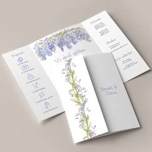 Bryllupsinvitation Wisteria Portfals / gatefold med blålilla blåregn