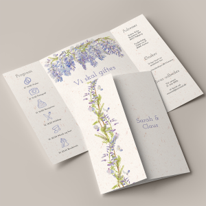 Bryllupsinvitation Wisteria Portfals / gatefold på genbrugspapir med blålilla blåregn