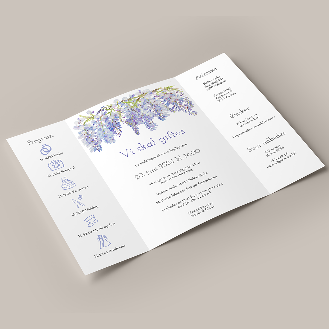 Bryllupsinvitation Wisteria Portfals / gatefold med blålilla blåregn