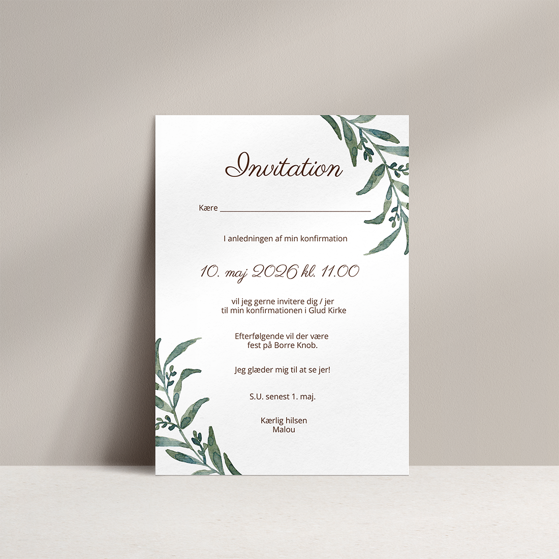 Konfirmationsinvitation Branches Konfirmationsinvitation Branches med illustrationer af grønne blade inkl. C5 kuvert