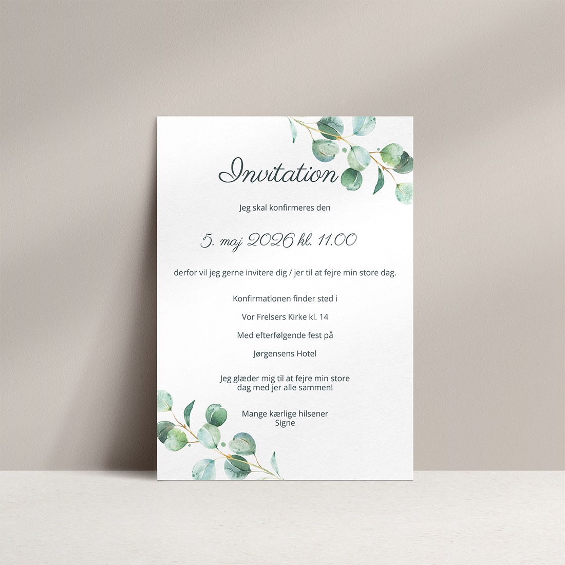 Konfirmationsinvitation Eucalyptus Konfirmationsinvitation Eucalyptus i støvede grønne nuancer inkl. C5 kuvert
