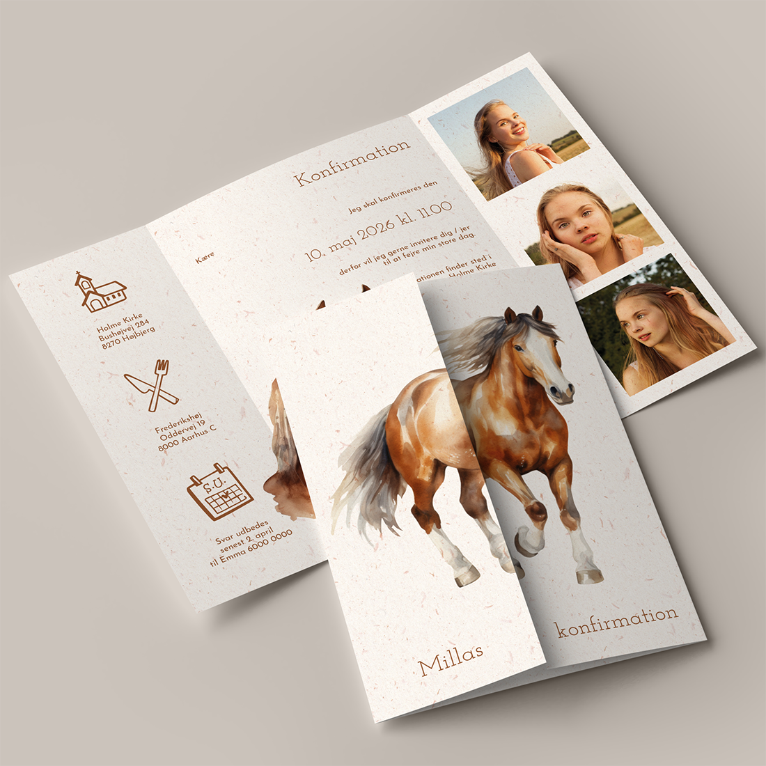 Konfirmationsinvitation Horses Portfals Genbrugspapir Konfirmationsinvitation Horses i Portfals med illustration af brun hest og billeder af konfirmanden på genbrugspapir