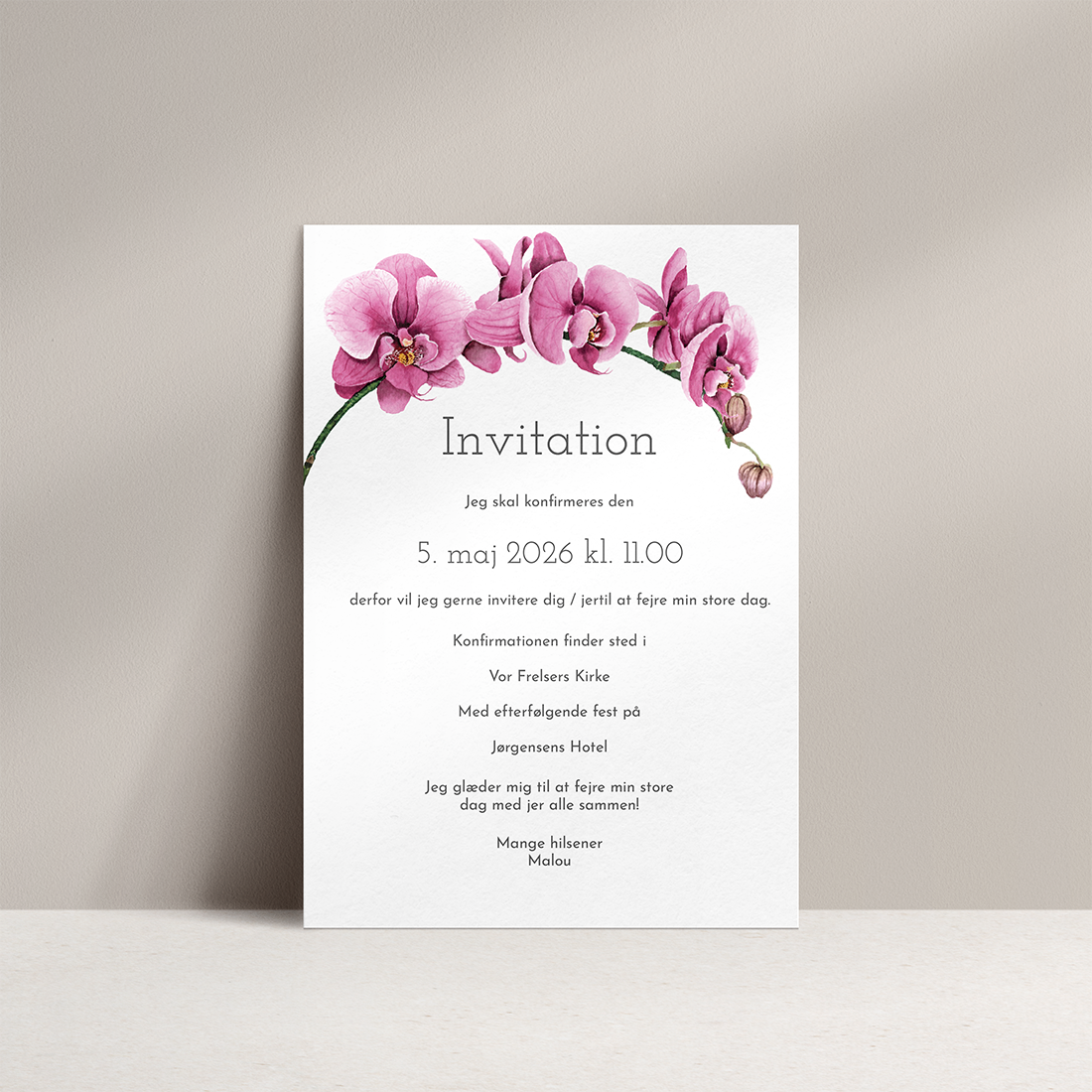 Konfirmationsinvitation Orchid Konfirmationsinvitation Orchid med pink / rosa /lyserød orkide