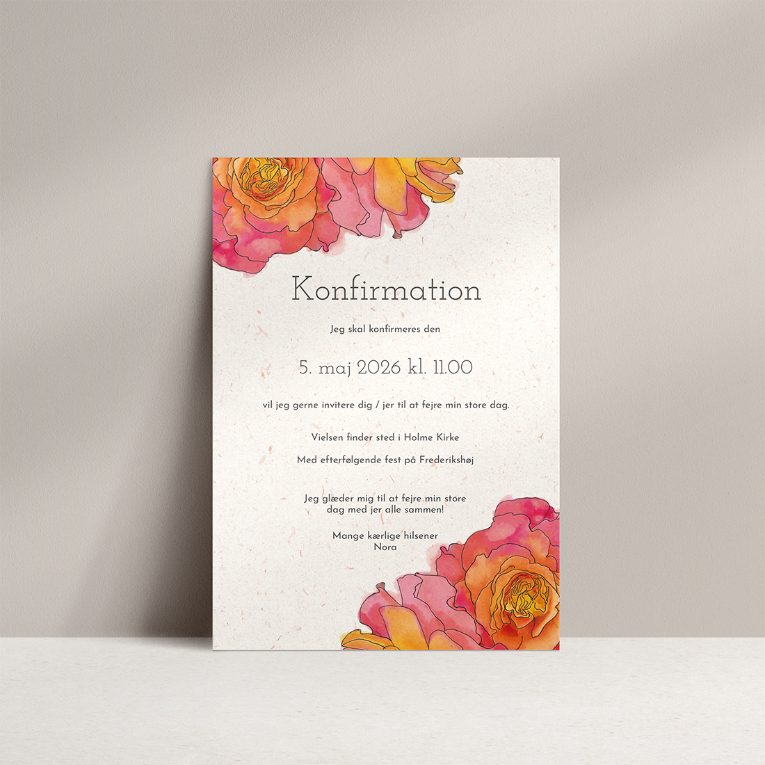 Konfirmationsinvitation Roses Genbrugspapir Konfirmationsinvitation Roses med pink og orange roser på genbrugspapir