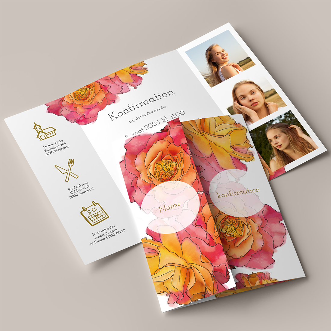 Konfirmationsinvitation Roses Portfals Konfirmationsinvitation Roses i Portfals med pink og orange roser