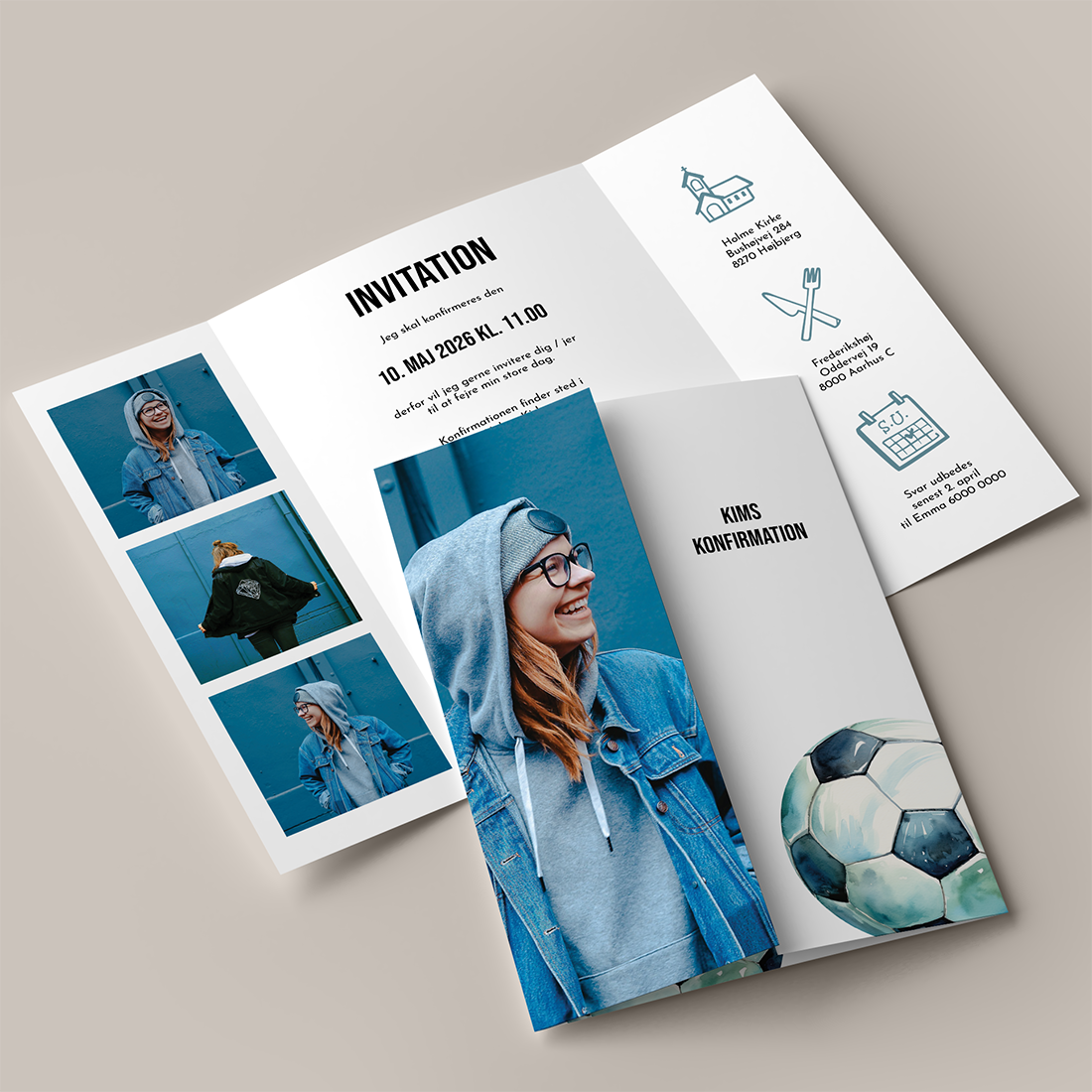 Konfirmationsinvitation Soccer Portfals Konfirmationsinvitation Soccer / fodbold i portfals / gatefold til konfirmanden, der elsker sport