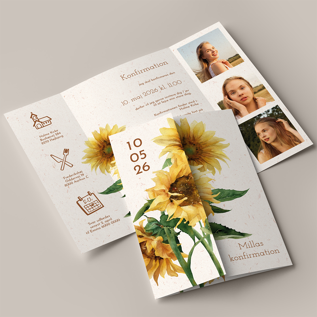 Konfirmationsinvitation Sunflowers Portfals Genbrugspapir Konfirmationsinvitation Sunflowers i Portfals med gyldne solsikker på genbrugspapir