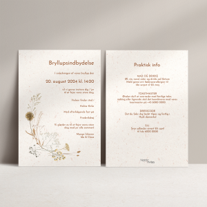 Bryllupsinvitation Wildflower med gyldne blomster til sensommer bryllup på genbrugspapir