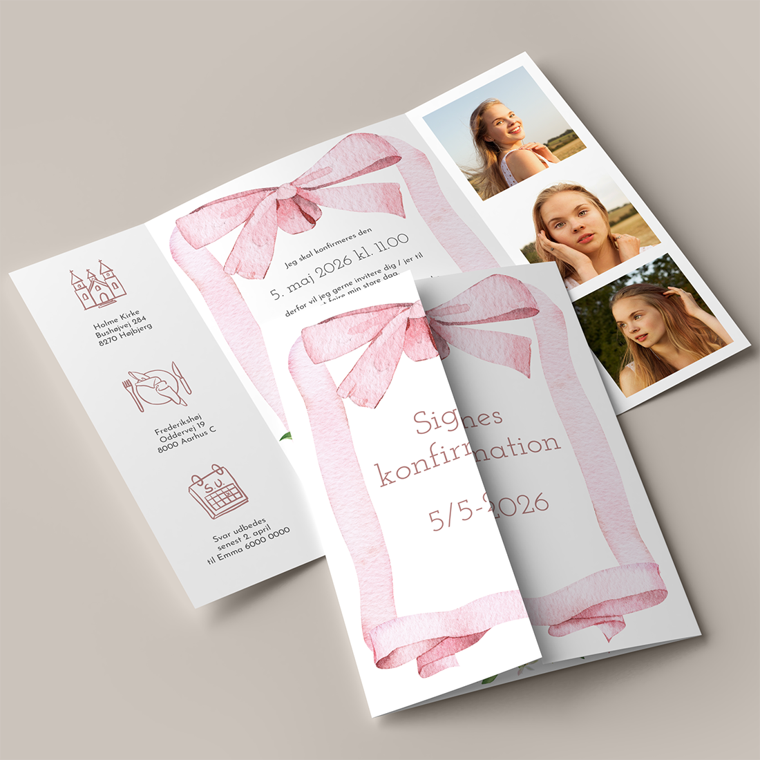 Konfirmationsinvitation Pretty in Pink Portfals Konfirmationsinvitation Pretty in Pink Portfals med hybenroser, sløjfer og hvide blomster
