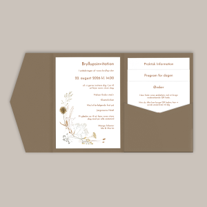 Bryllupsinvitation Wildflower Pocketfold Hasselnød med sensommerblomster i brændte farver