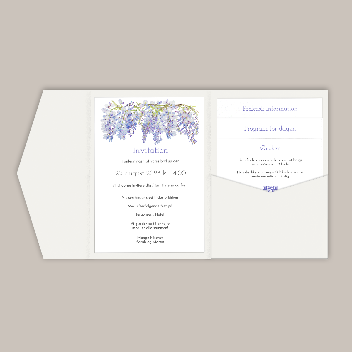 Bryllupsinvitation Wisteria i pocketfold / lommekuvert med blålilla blomster / blåregn