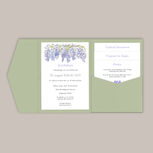 Bryllupsinvitation Wisteria i pocketfold / lommekuvert med blålilla blomster / blåregn
