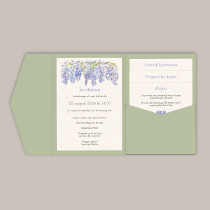 Bryllupsinvitation Wisteria i pocketfold / lommekuvert med blålilla blomster / blåregn på genbrugspapir
