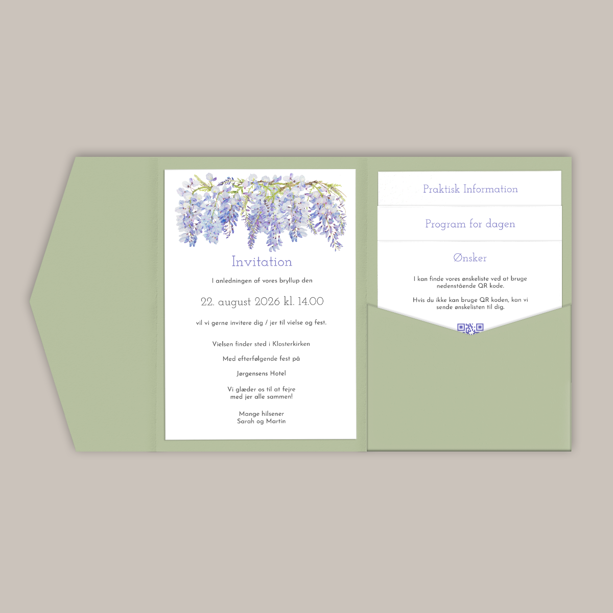 Bryllupsinvitation Wisteria i pocketfold / lommekuvert med blålilla blomster / blåregn
