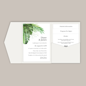 Bryllupsinvitation Tropical Breeze i pocketfold / lommekuvert med tropiske blade