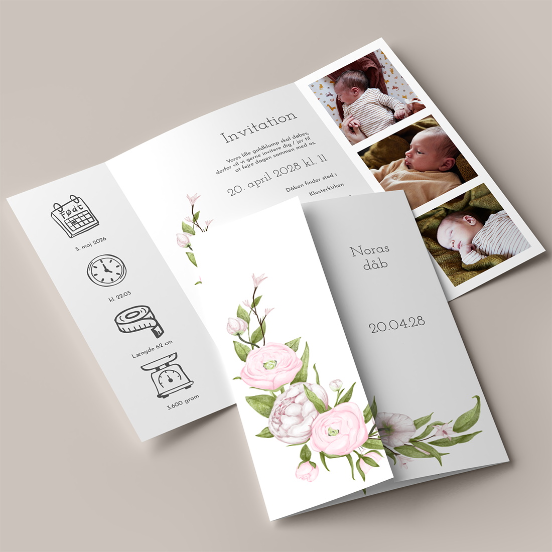 Dåbsinvitation Blush Spring Portfals Dåbsinvitation Blush Spring i portfals / gatefold med pastelfarvede blomster: pæoner, ranunkel og grønne blade