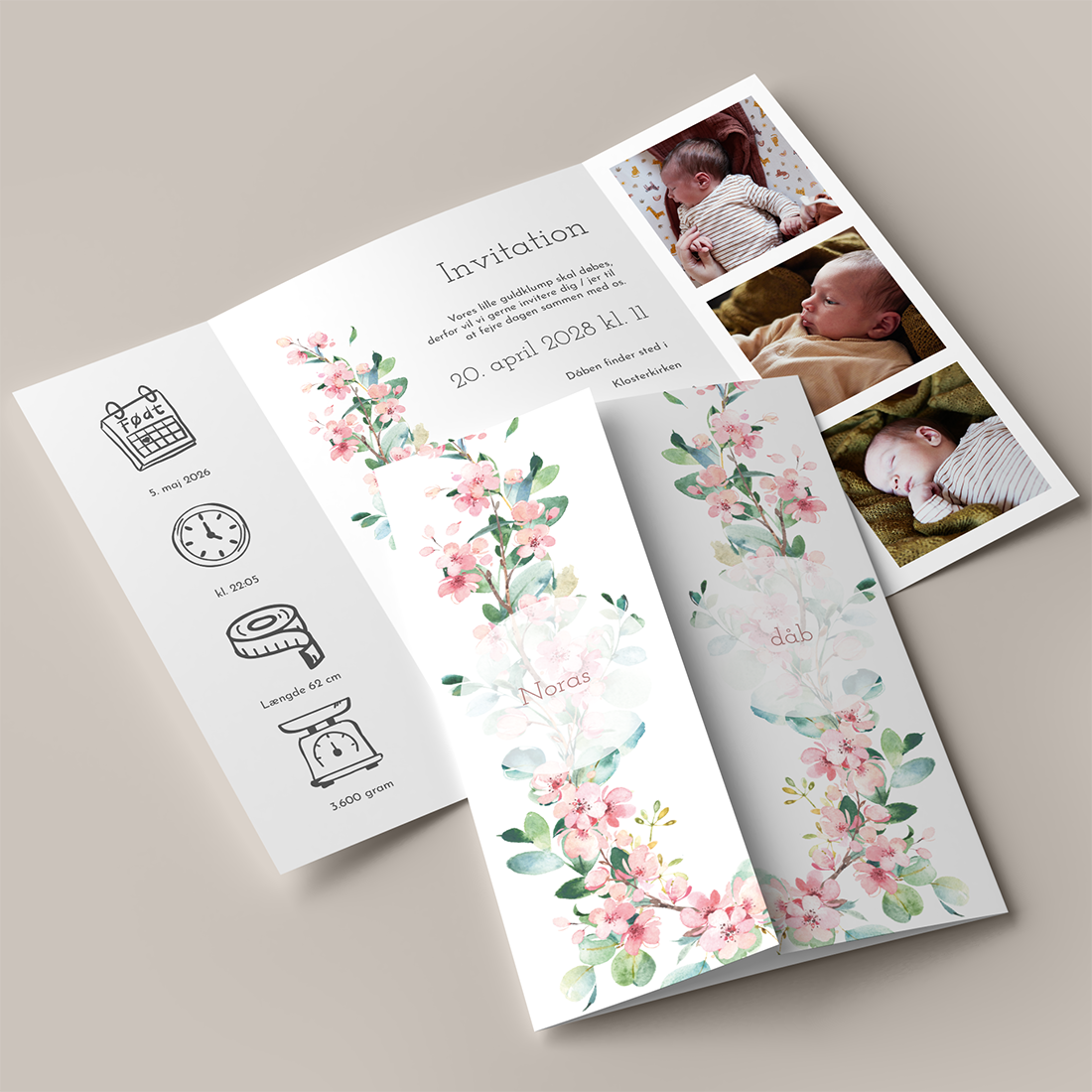 Dåbsinvitation Cherry Blossom Portfals Dåbsinvitation Cherry Blossom med kirsebærblomster og eucalyptus i portfals / gatefold