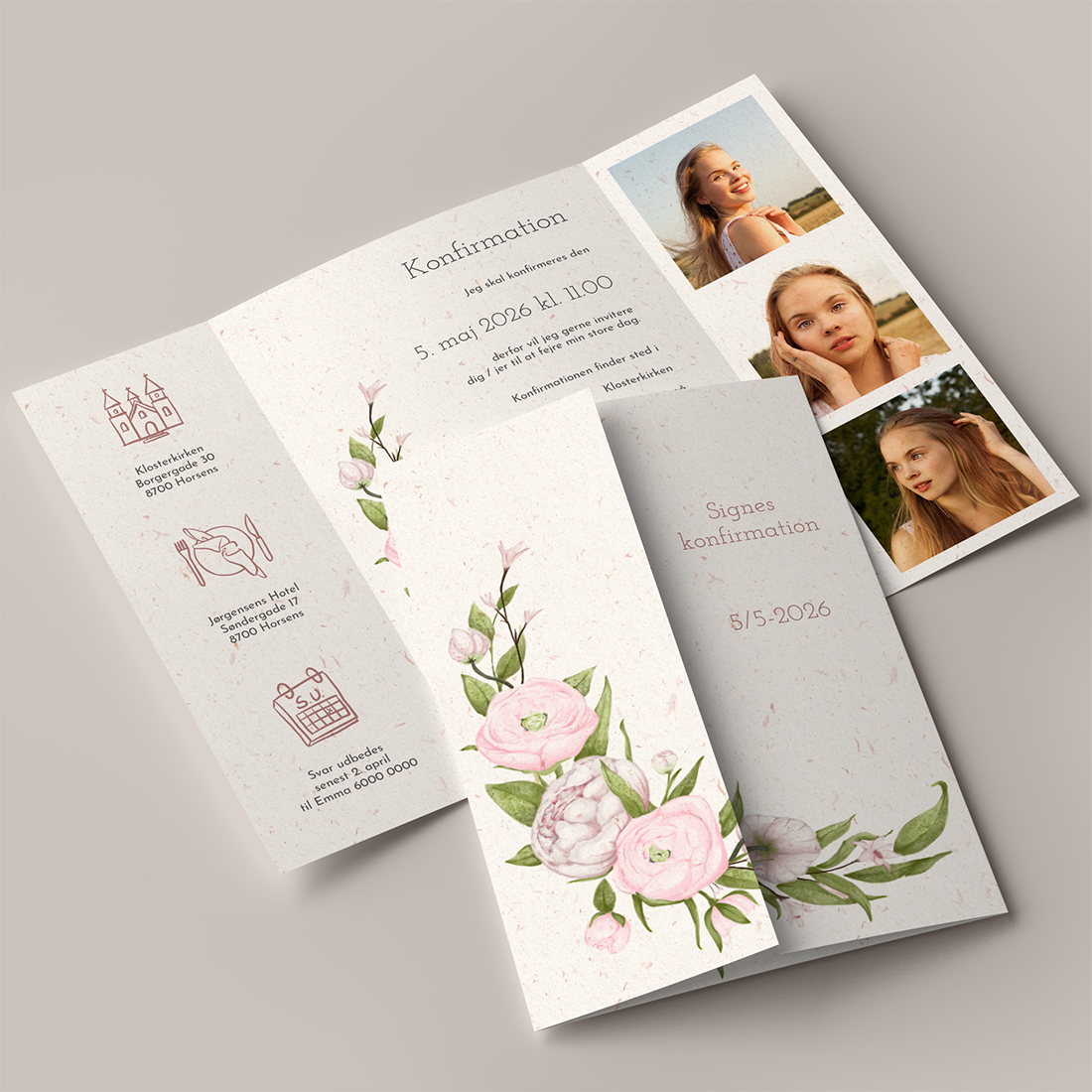 Konfirmationsinvitation Blush Spring Portfals Genbrugspapir Konfirmationsinvitation Blush Spring med pastelfarvede blomster: pæoner, ranunkel og grønne blade i portfals / gatefold på genbrugspapir