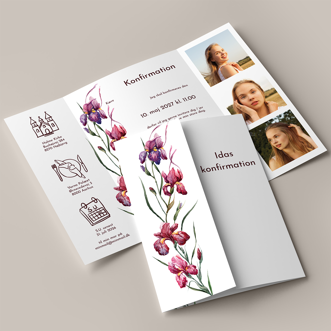 Konfirmationsinvitation Iris Portfals Konfirmationsinvitation Iris i portfals / gatefold med røde og lilla iris