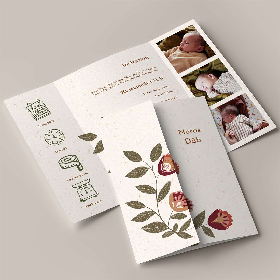 Dåbsinvitation Folklore Portfals Genbrugspapir Dåbsinvitation Folklore i Portfals / gatefold med rustikke blomster i brændte farver på genbrugspapir