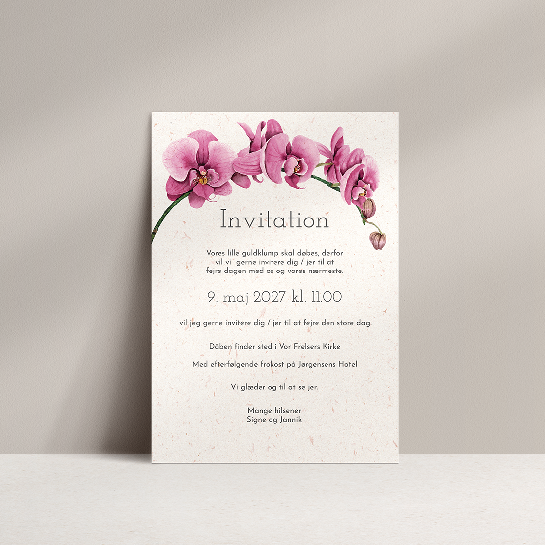 Dåbsinvitation Orchid Genbrugspapir Dåbsinvitation Orchid med pink / lyserøde orkideer