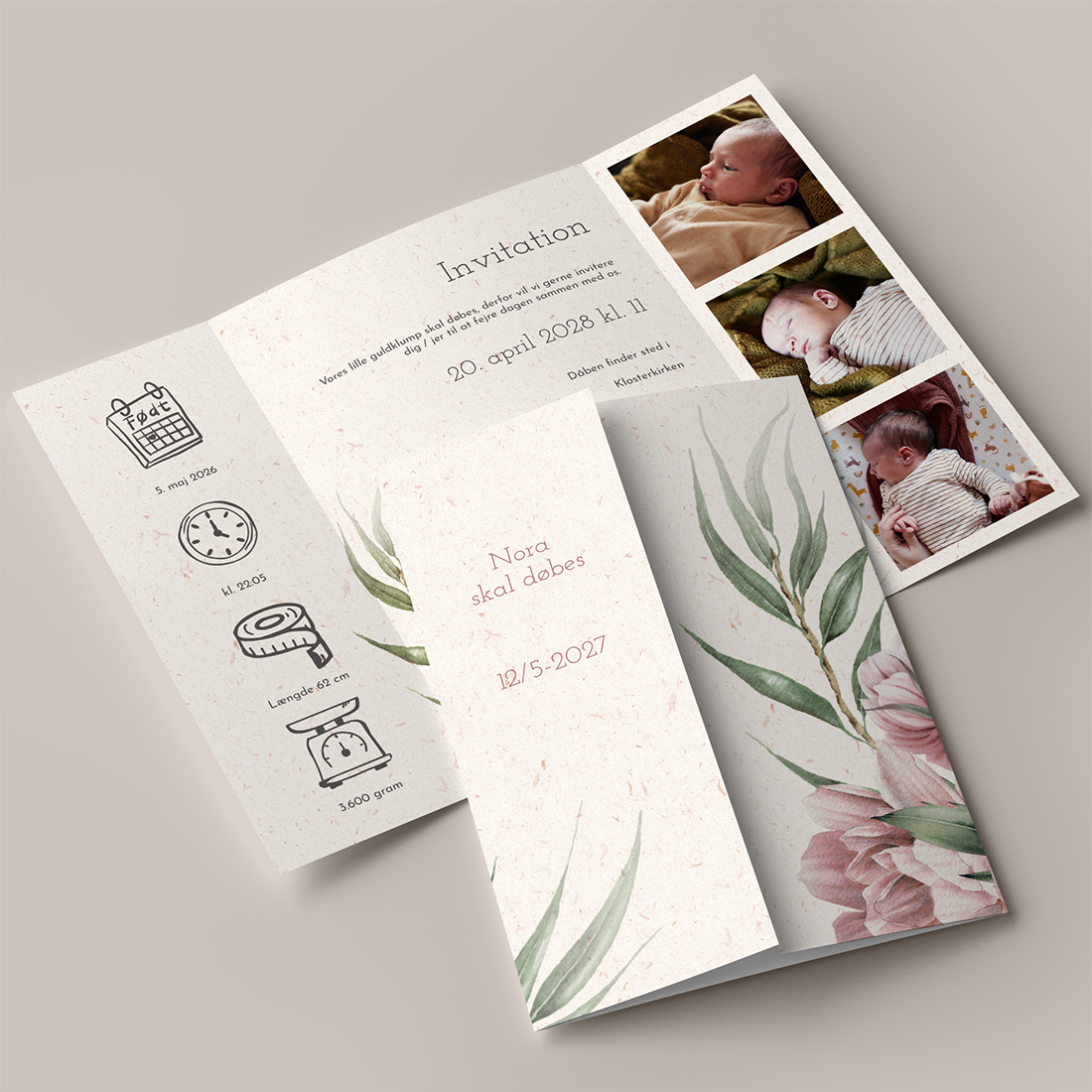 Dåbsinvitation Peony and Willow Portfals Genbrugspapir Dåbsinvitation Peony and Willow i Portfals / gatefold med lyserøde pæoner og pilegrene