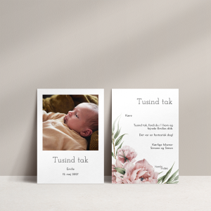 Takkekort til dåb Peony and Willow med lyserøde pæoner og pilegrene