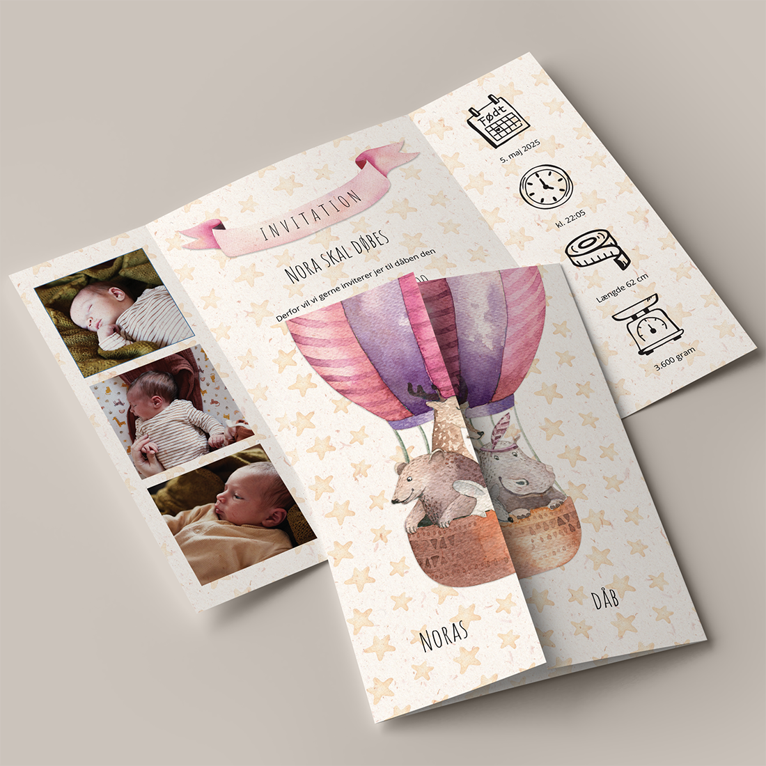 Lyserød dåbsinvitation med luftballon i portfals. Invitation til dåb / navngivning med fotos af den lille og søde dyr i luftballon. Inkl. C5 kuvert.