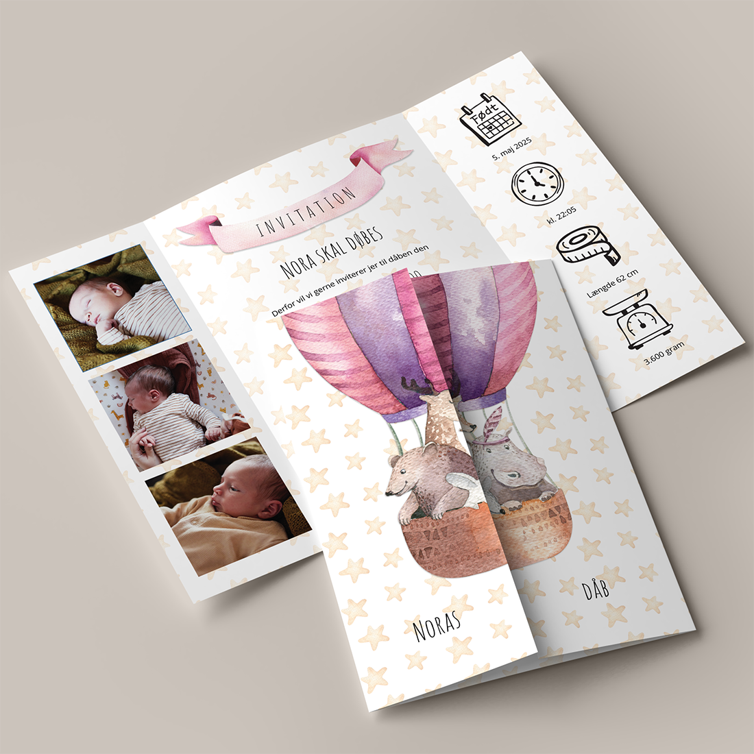 Lyserød dåbsinvitation med luftballon i portfals. Invitation til dåb / navngivning med fotos af den lille og søde dyr i luftballon. Inkl. C5 kuvert.