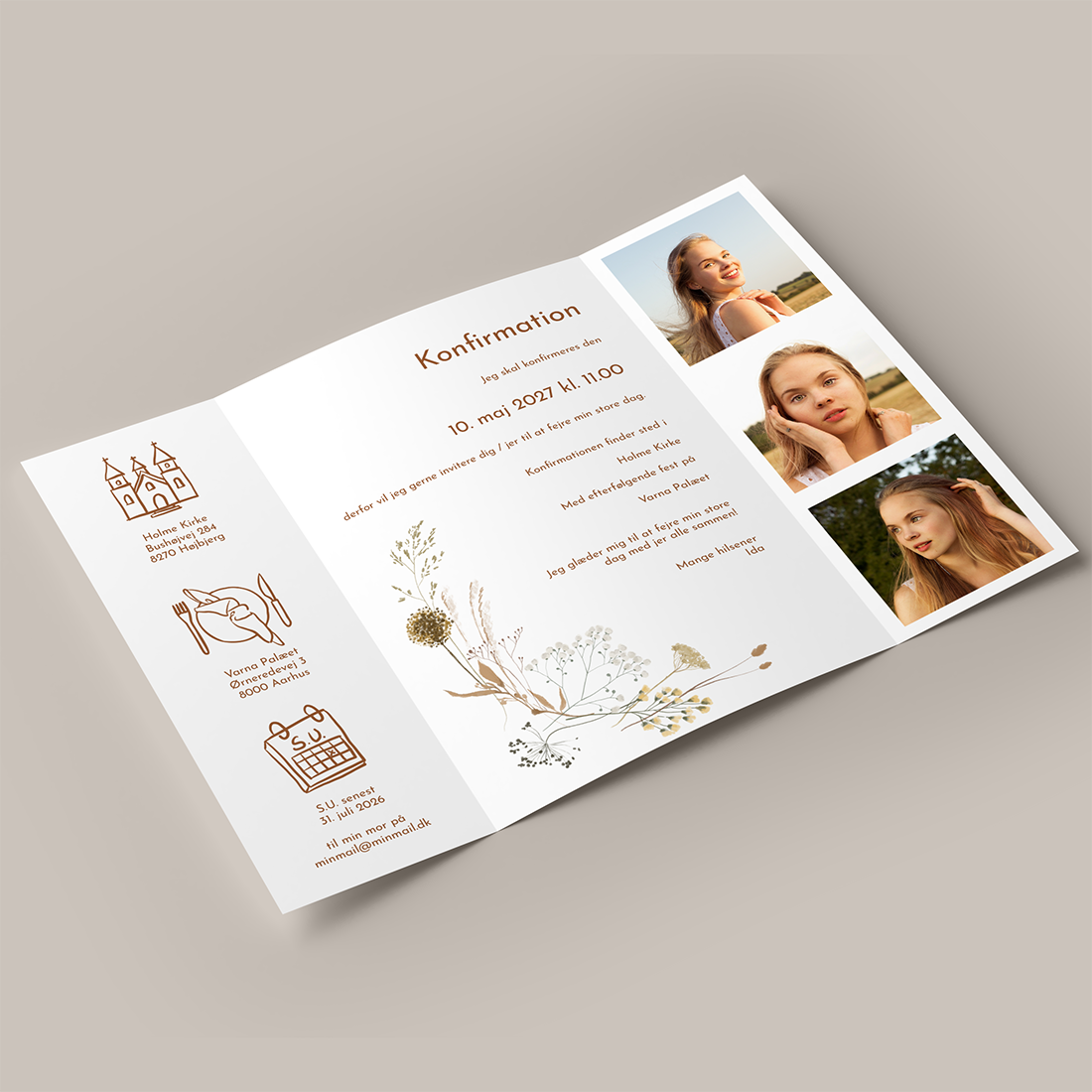 Konfirmationsinvitation med blomster i portfals. Konfirmationsinvitation med sensommerblomster i støvede nuancer. Inkl. hvid C5 kuvert