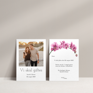Save the date med orkide - A6. Save the date kort med billede af brudeparret og pink orkidegren med blomster. Inkl. C6 kuvert.