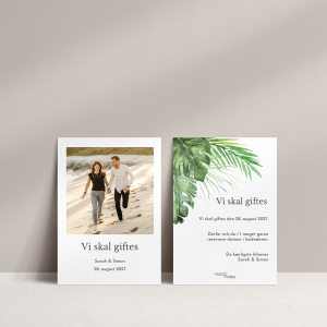 Save the date med tropiske blade. Save the date kort med billede af brudeparret og palmeblade og tropiske planter. Inkl. C6 kuvert.