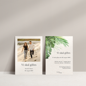 Save the date med tropiske blade. Save the date kort med billede af brudeparret og palmeblade og tropiske planter. Inkl. C6 kuvert.